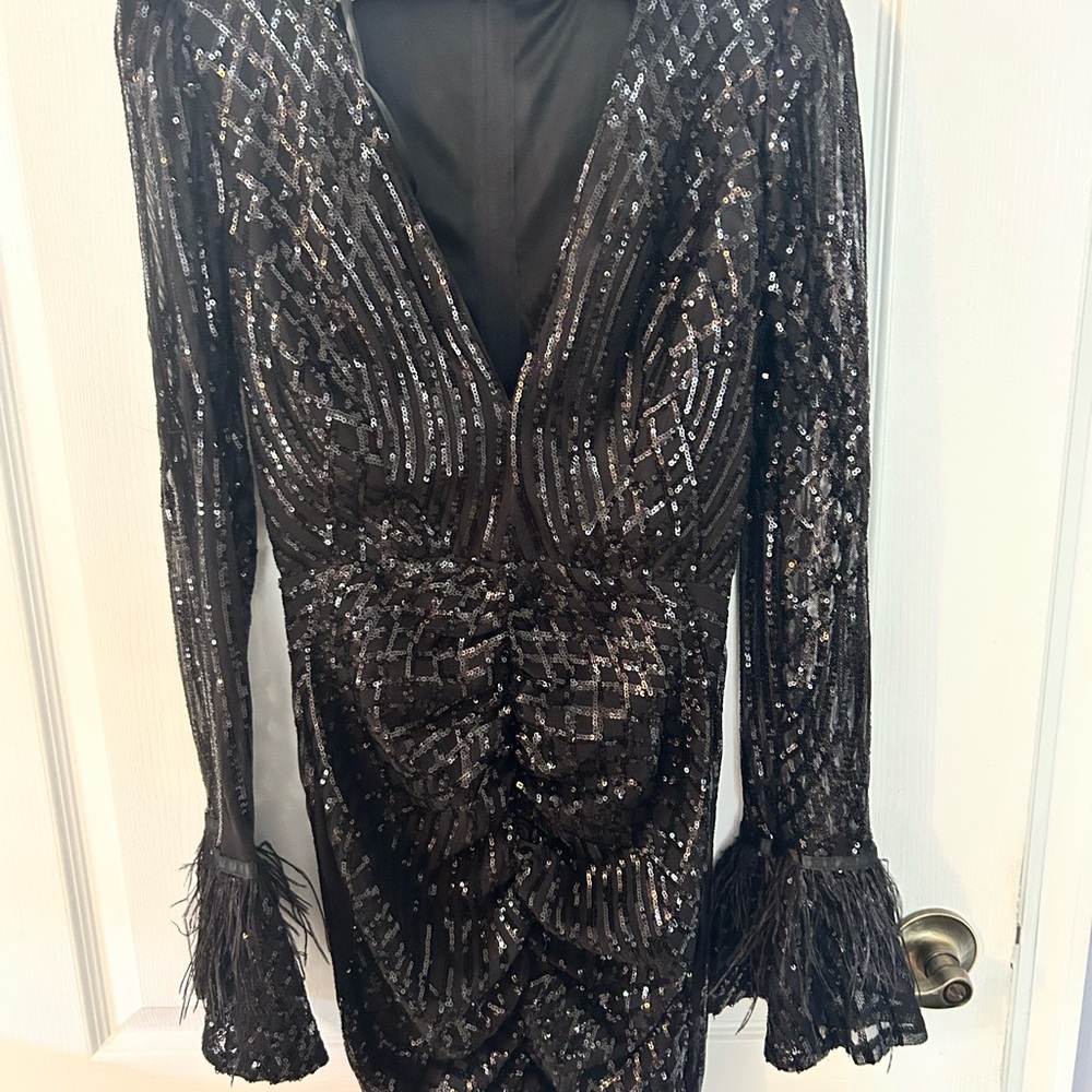 Windsor Black Sequin Dress with Feather Details